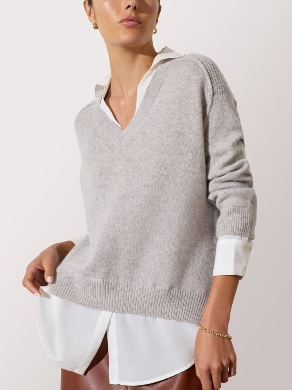 Brochu Walker Looker Layered V-Neck Grey Melange Cashmere Blend Sweater Size S